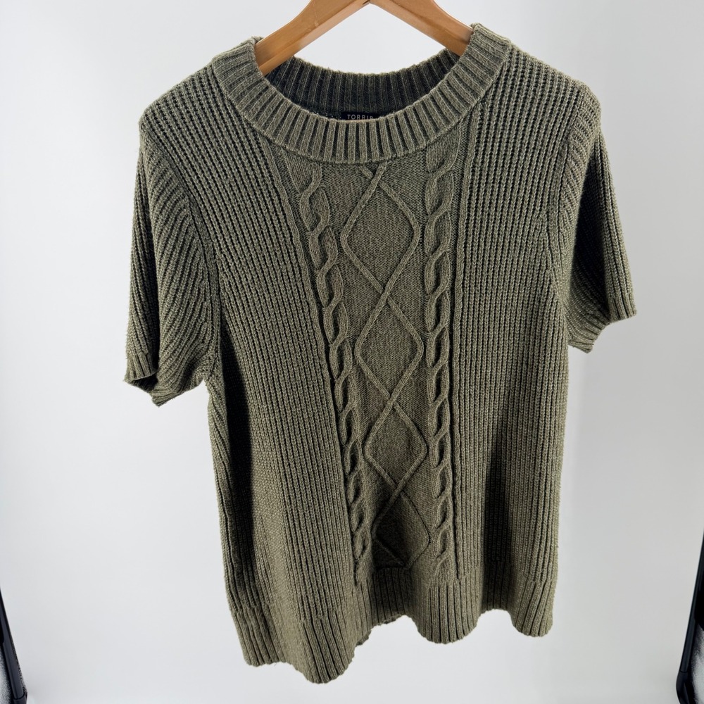 Torrid Olive Green Cable Knit Short Sleeve Sweater Crew Neck Marl Top- Size 3